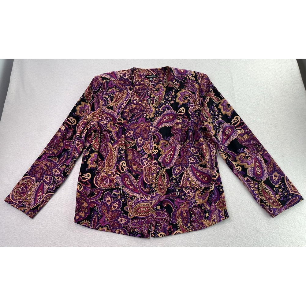 Notations Paisley Full Zip Jacket Purple Womens Size XL Petite Padded Shoulders